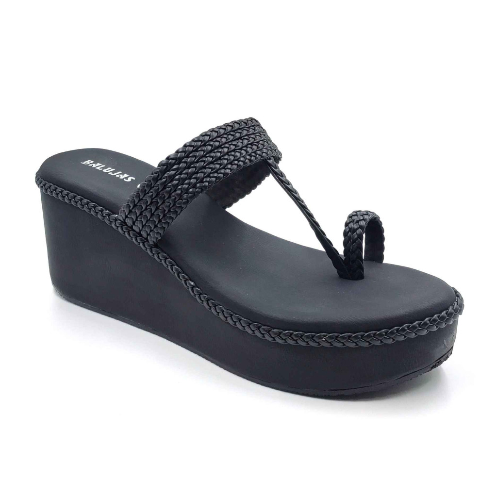 1117 Balujas Women Black Wedge Heel Kolhapuri Chappal
