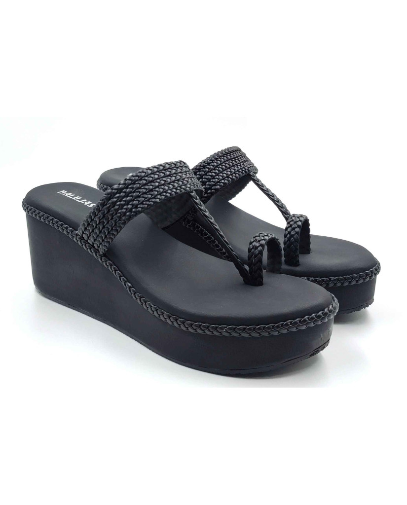 1117 Balujas Women Black Wedge Heel Kolhapuri Chappal