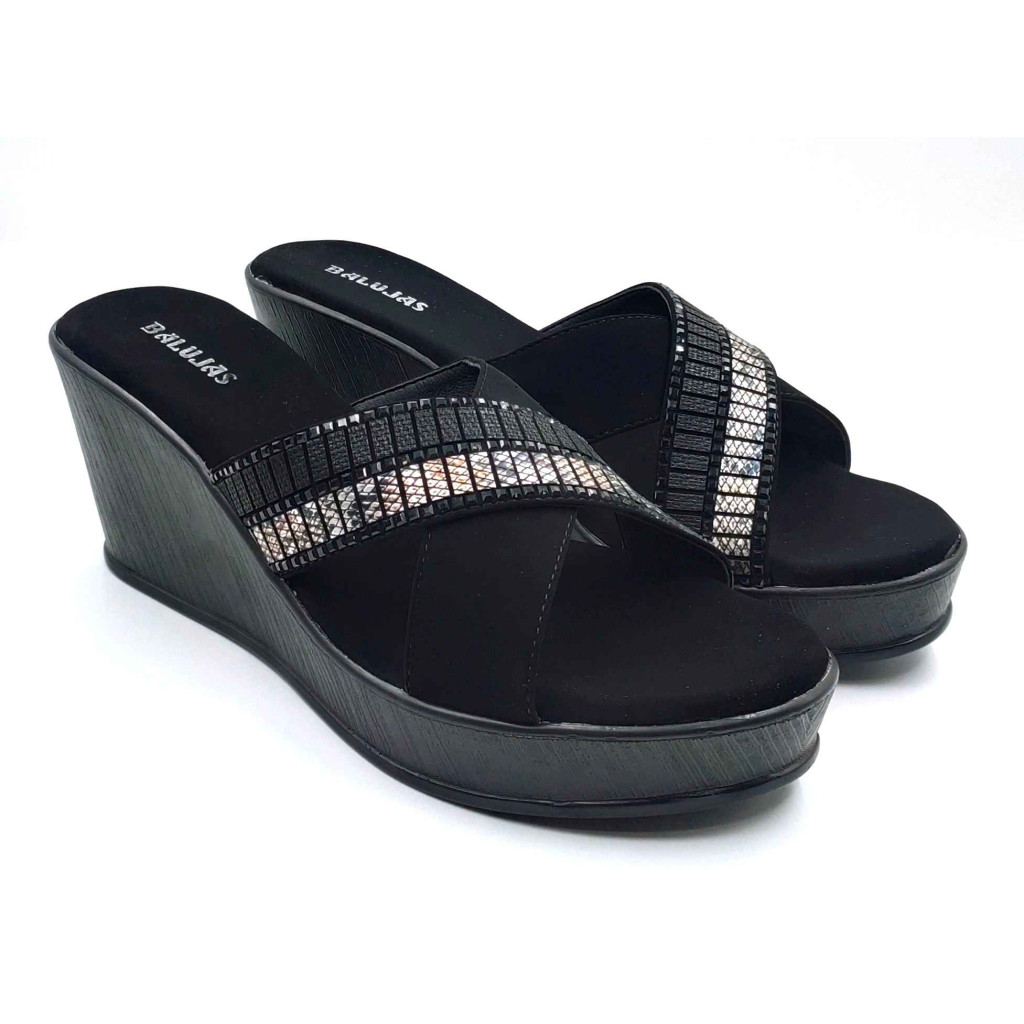 11964 Balujas Black Wedge Heel Ladies Slippers