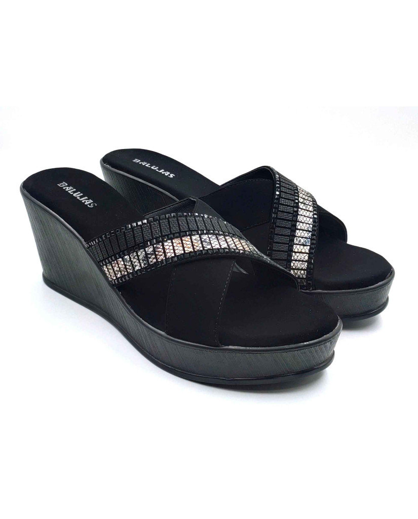 11964 Balujas Black Wedge Heel Ladies Slippers