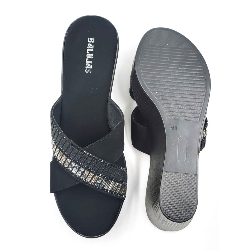 11964 Balujas Black Wedge Heel Ladies Slippers