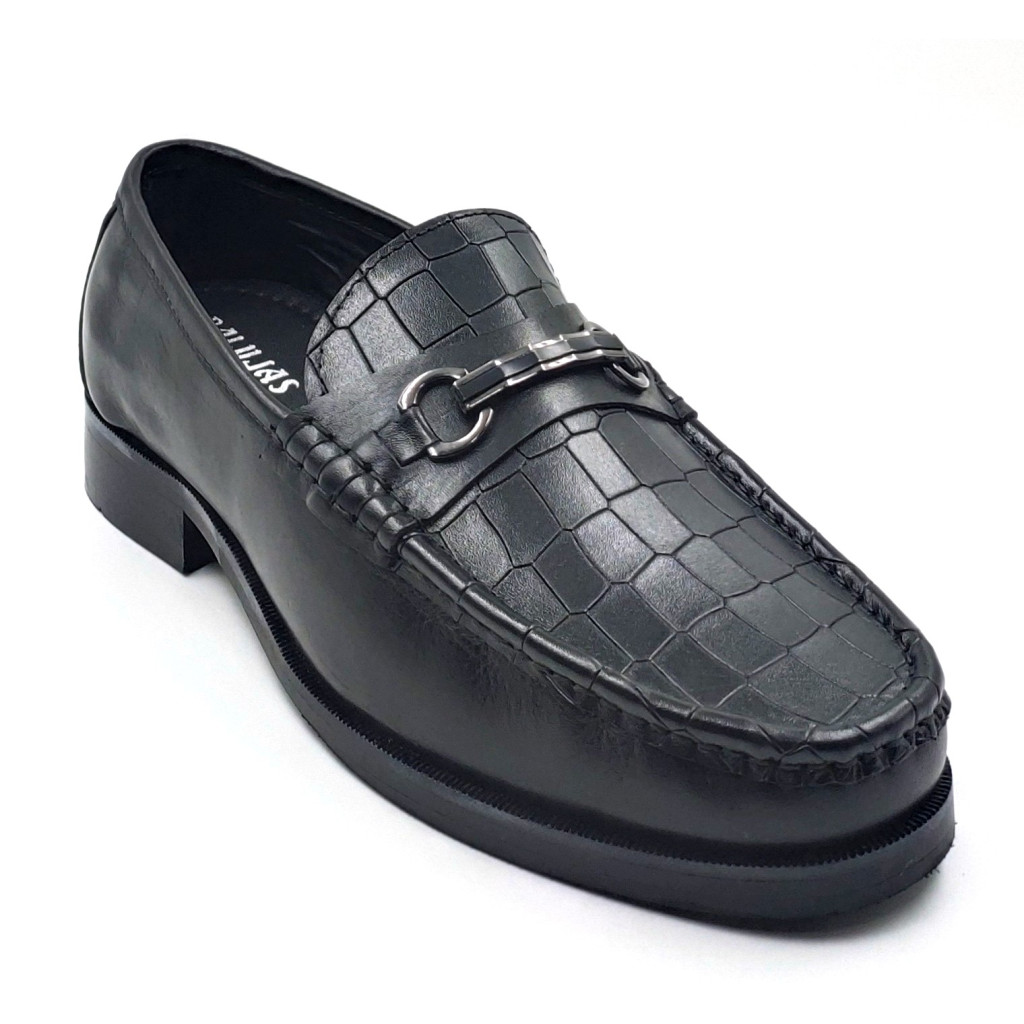 702-CROCO-03 Balujas Man's Black Textured Moccasin