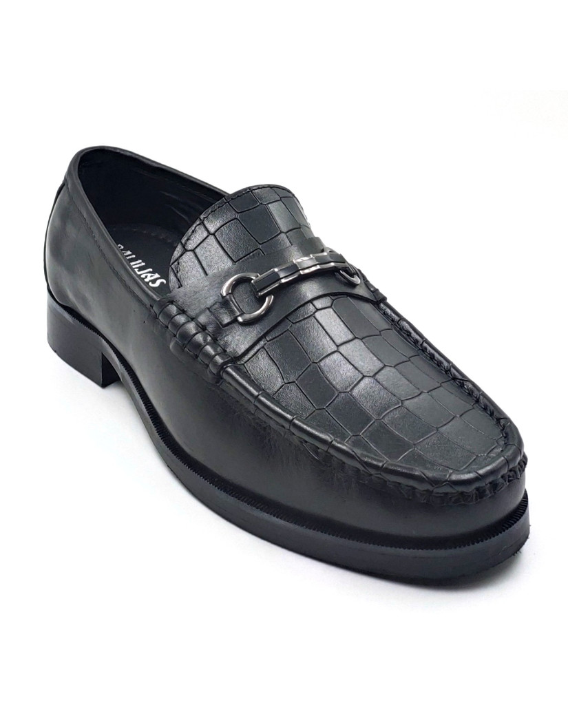 702-CROCO-03 Balujas Man's Black Textured Moccasin