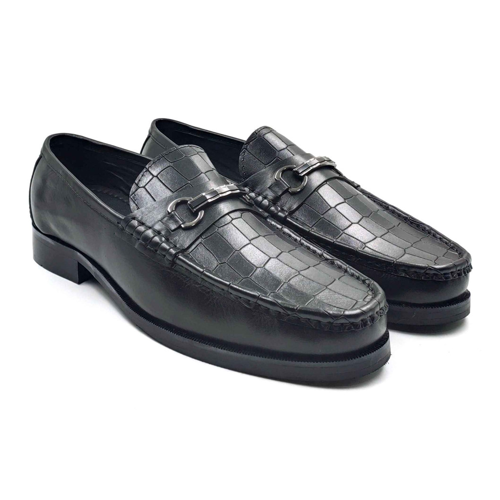 702-CROCO-03 Balujas Man's Black Textured Moccasin