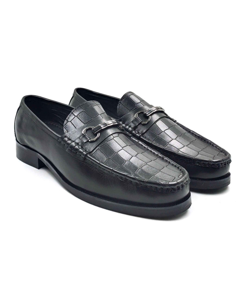 702-CROCO-03 Balujas Man's Black Textured Moccasin