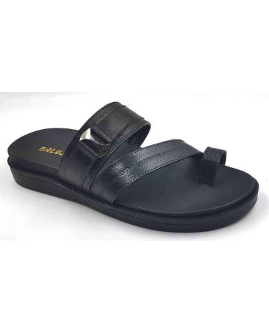 1115: Black Leather Double Strap Toe-Loop Slippers