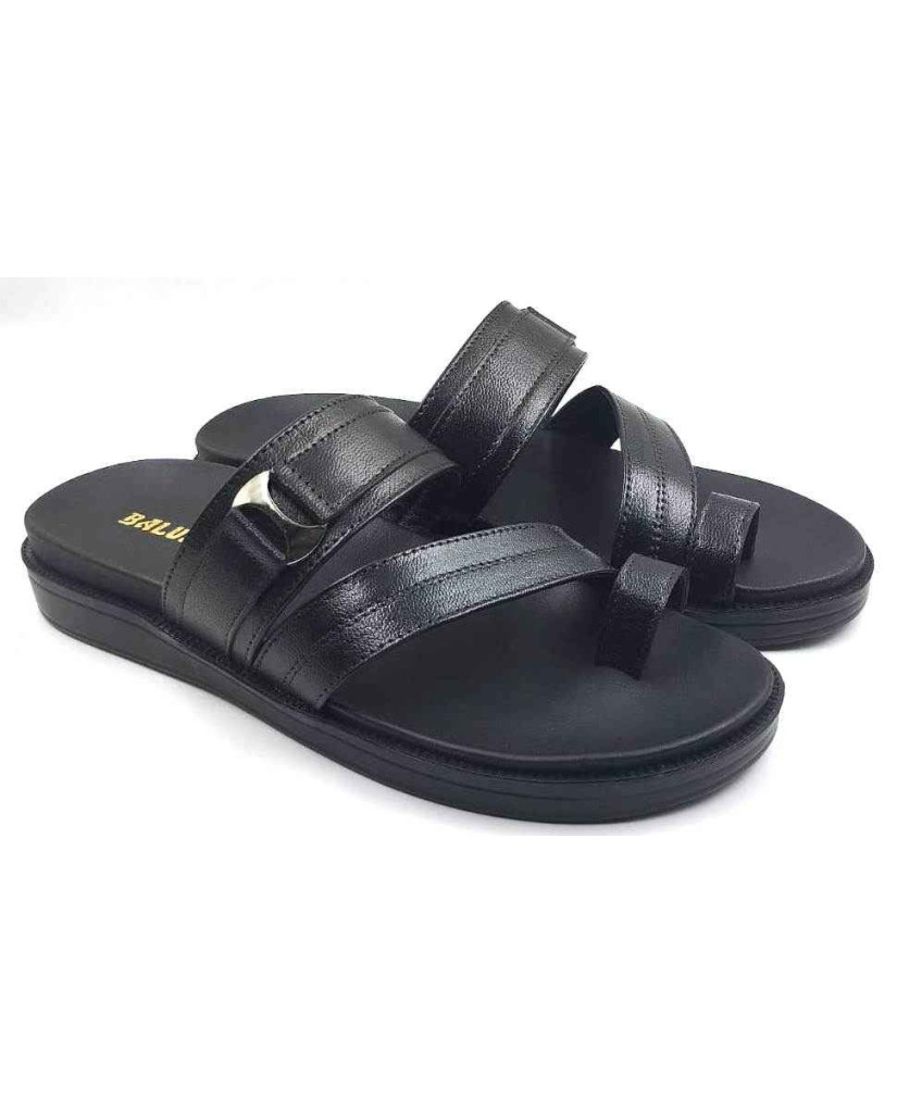 1115: Black Leather Double Strap Toe-Loop Slippers