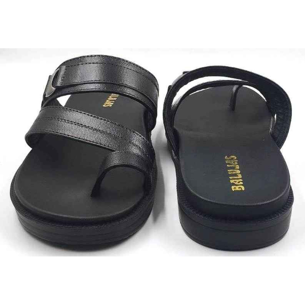 1115: Black Leather Double Strap Toe-Loop Slippers