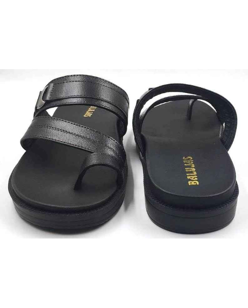 1115: Black Leather Double Strap Toe-Loop Slippers