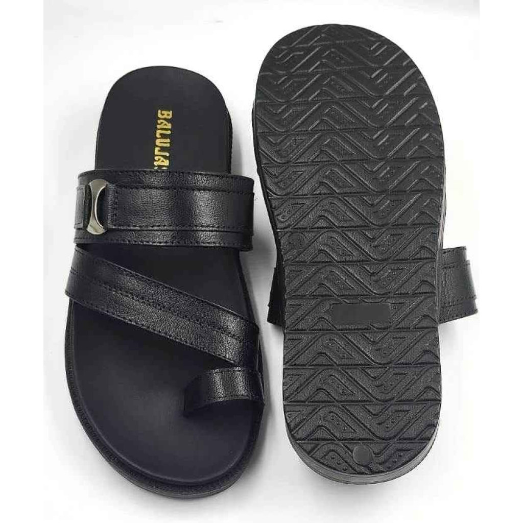 1115: Black Leather Double Strap Toe-Loop Slippers