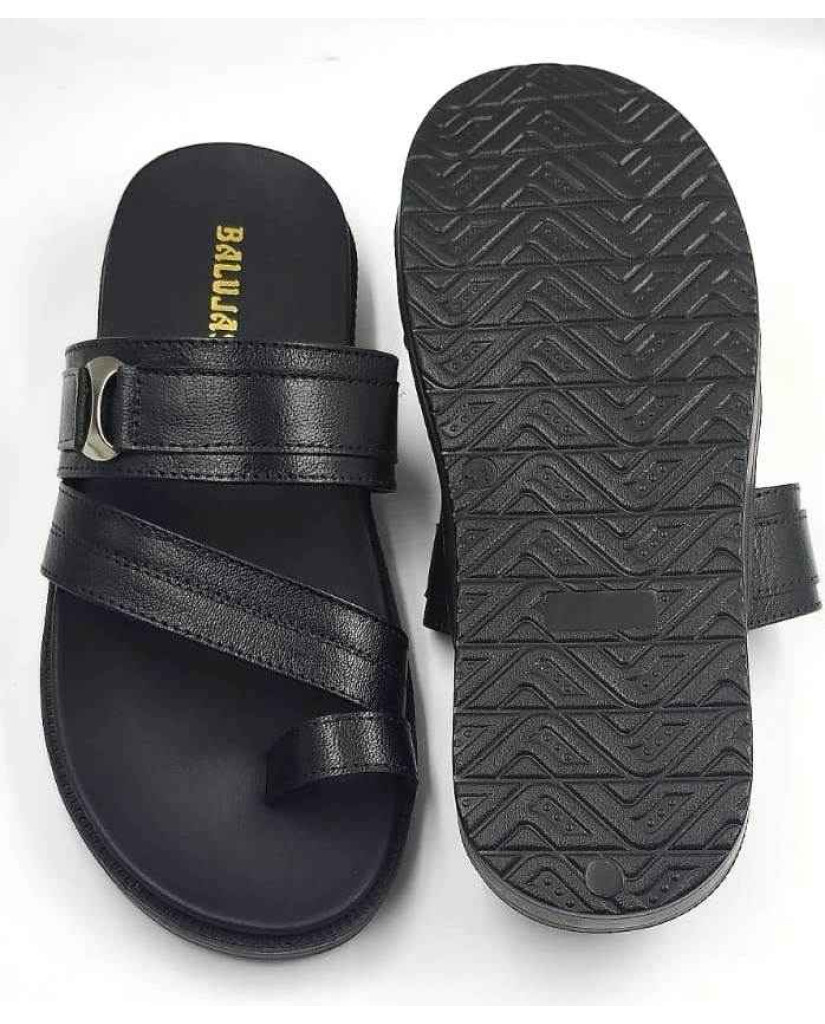 1115: Black Leather Double Strap Toe-Loop Slippers