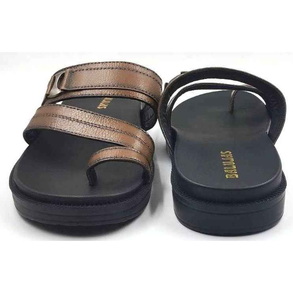 1115: Tan Leather Double Strap Toe-Loop Slippers