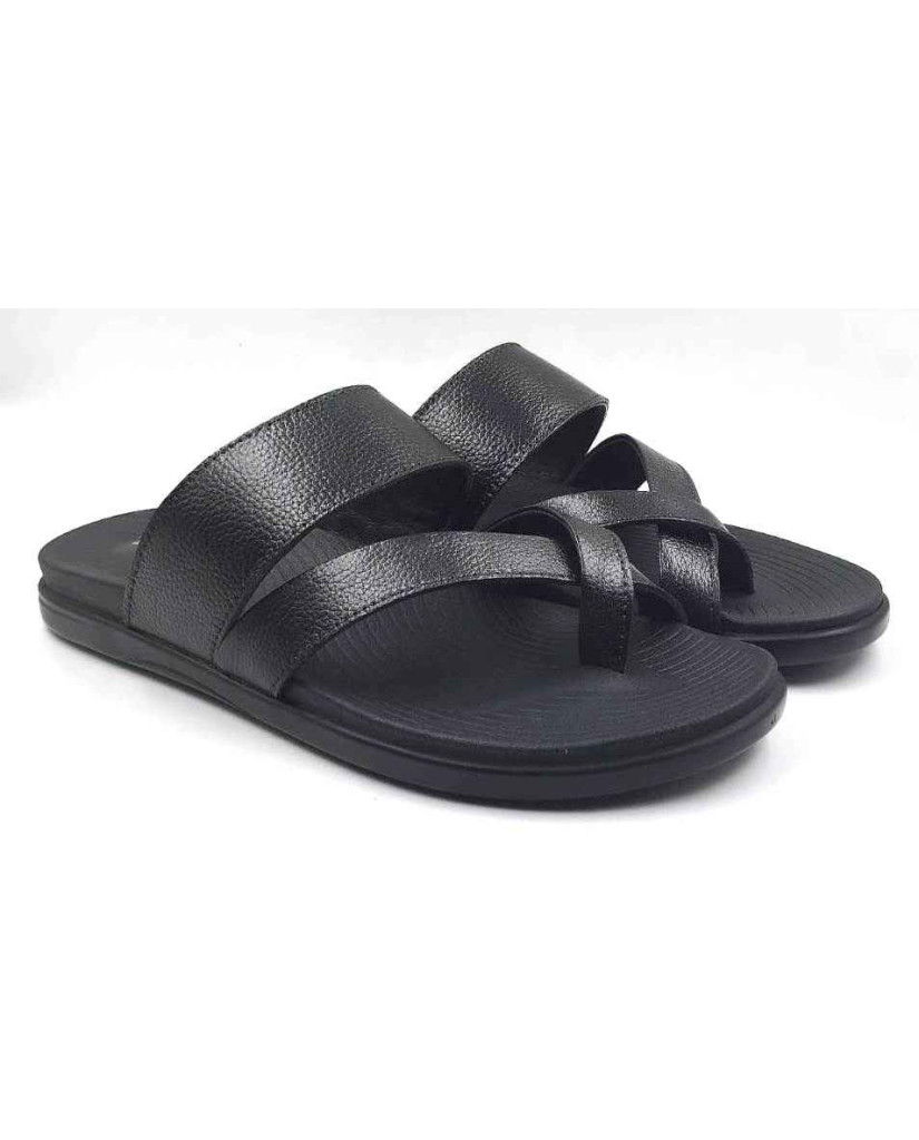 1205: Black Leather Cross Strap Slippers