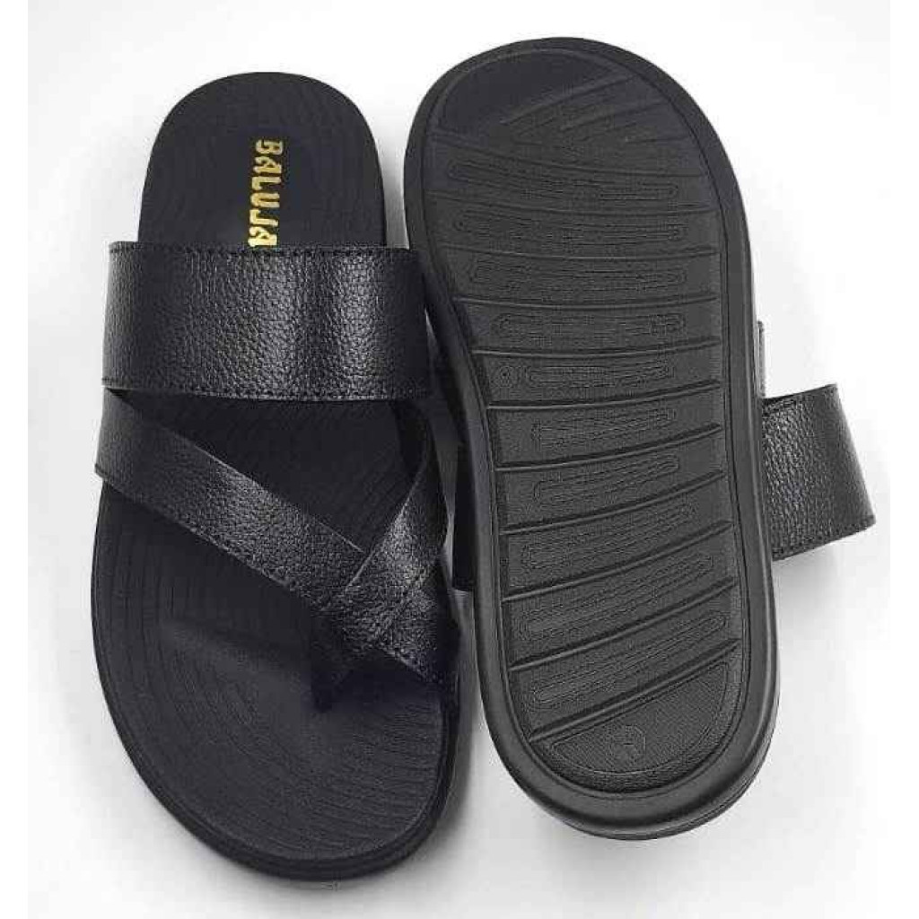 1205: Black Leather Cross Strap Slippers