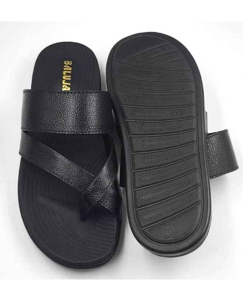 1205: Black Leather Cross Strap Slippers
