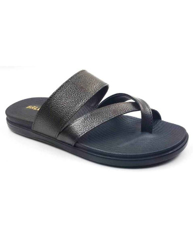 1205: Black Leather Cross Strap Slippers