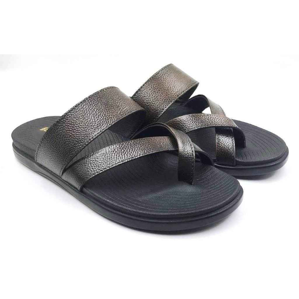 1205: Brown Leather Cross Strap Slippers