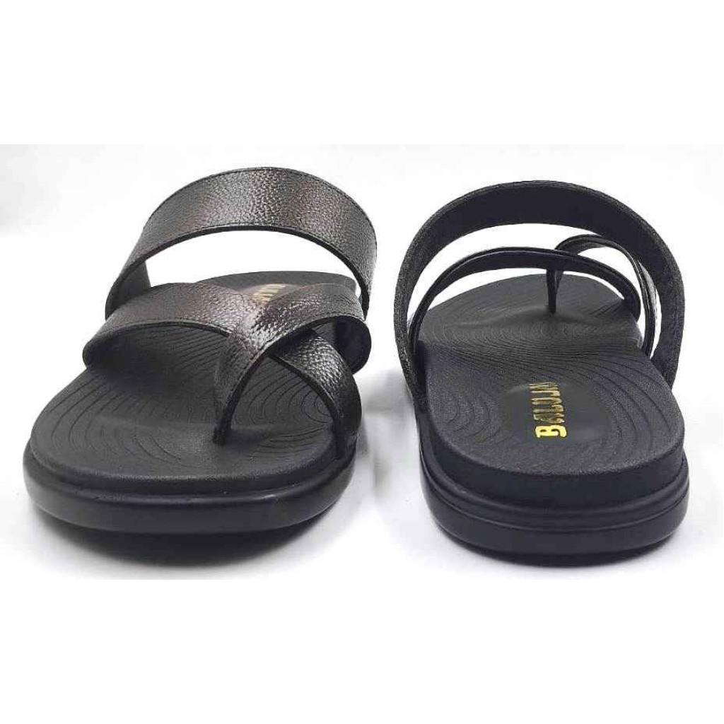 1205: Brown Leather Cross Strap Slippers