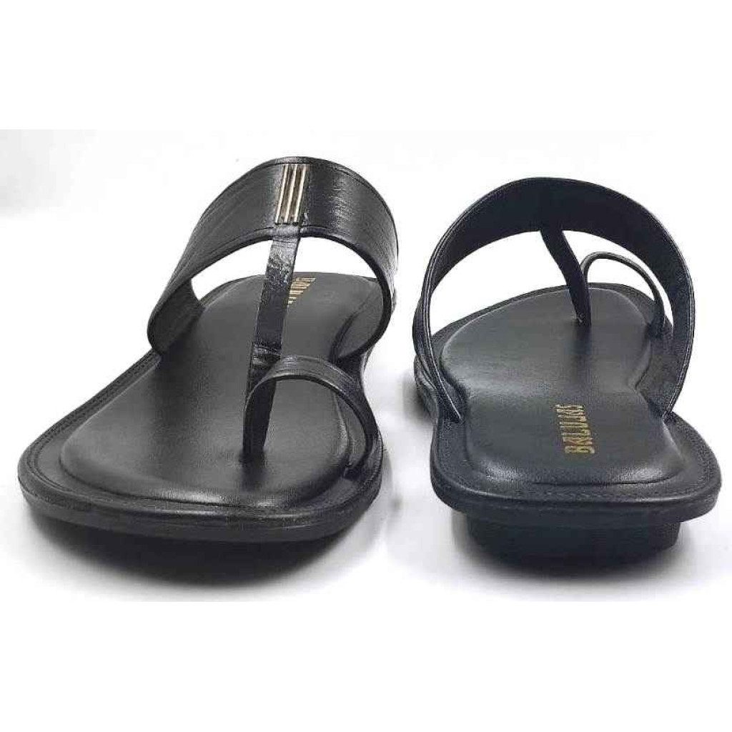 701: Black Leather Toe-Ring Kolhapuri Slippers