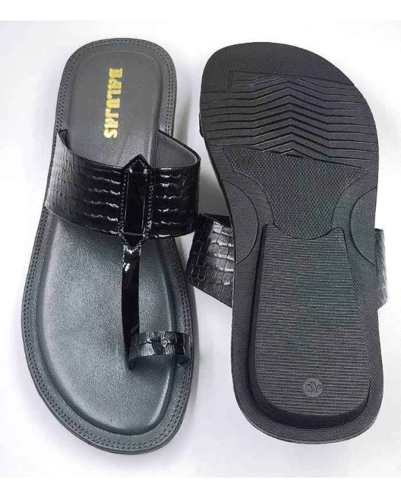 702: Black Leather Toe-Ring Kolhapuri Slippers