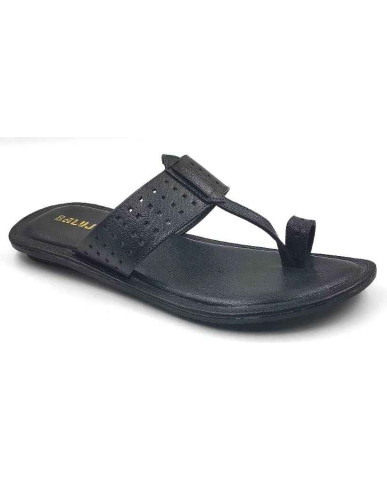 705: Black Leather Toe-Ring Kolhapuri Slippers
