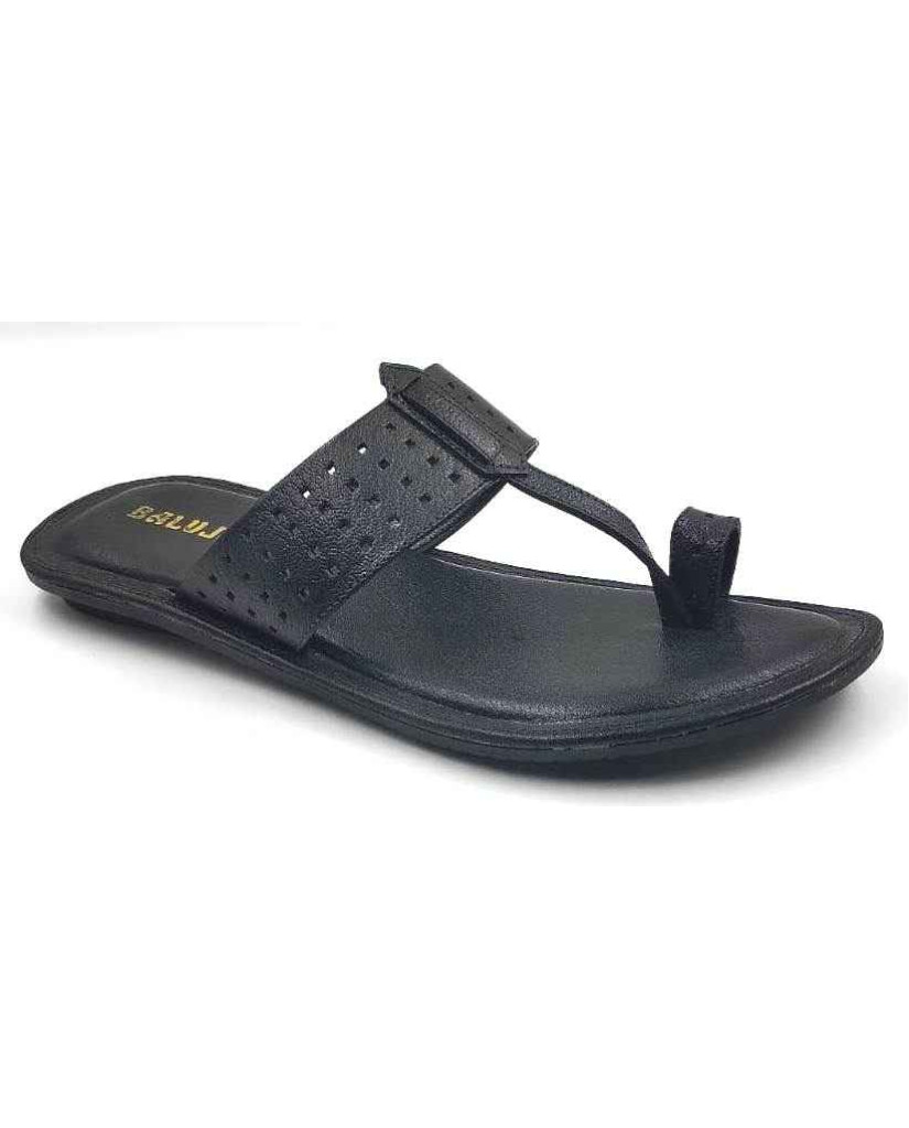 705: Black Leather Toe-Ring Kolhapuri Slippers