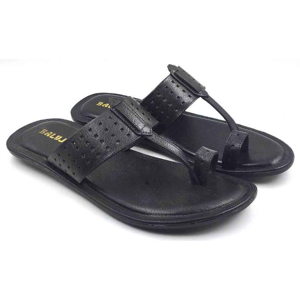 705: Black Leather Toe-Ring Kolhapuri Slippers