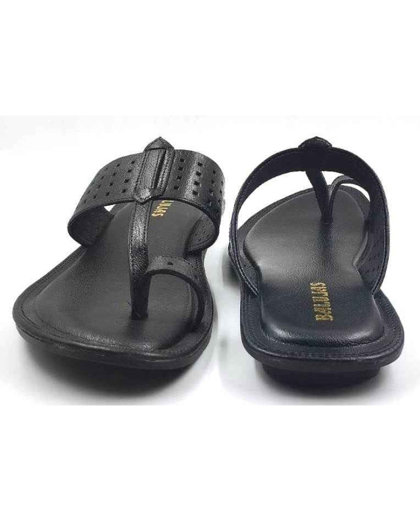 705: Black Leather Toe-Ring Kolhapuri Slippers