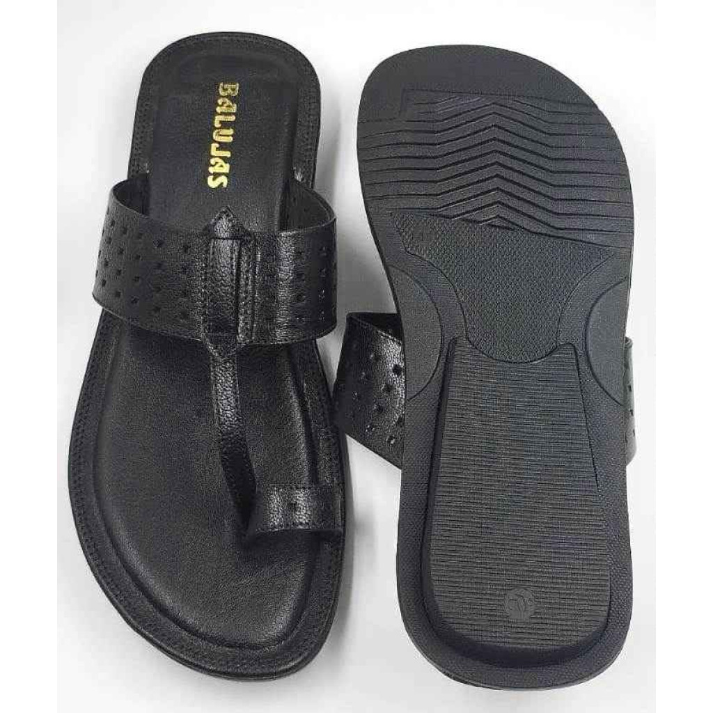 705: Black Leather Toe-Ring Kolhapuri Slippers