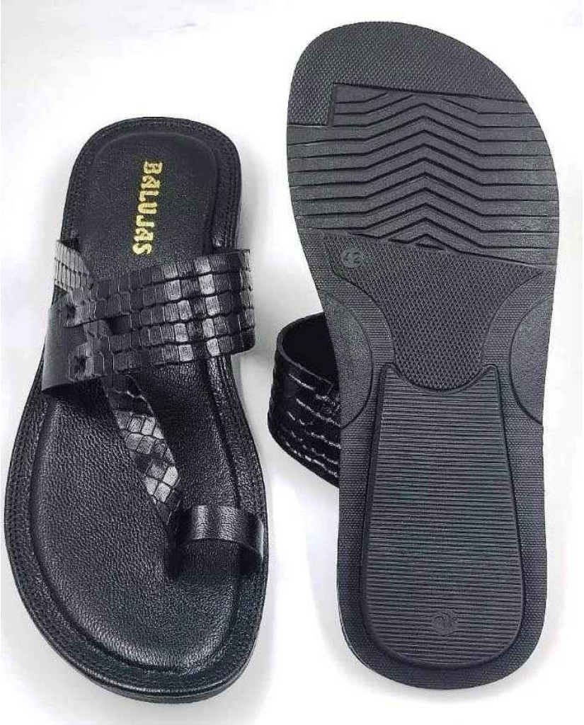 707: Black Leather Toe-Ring Kolhapuri Slippers