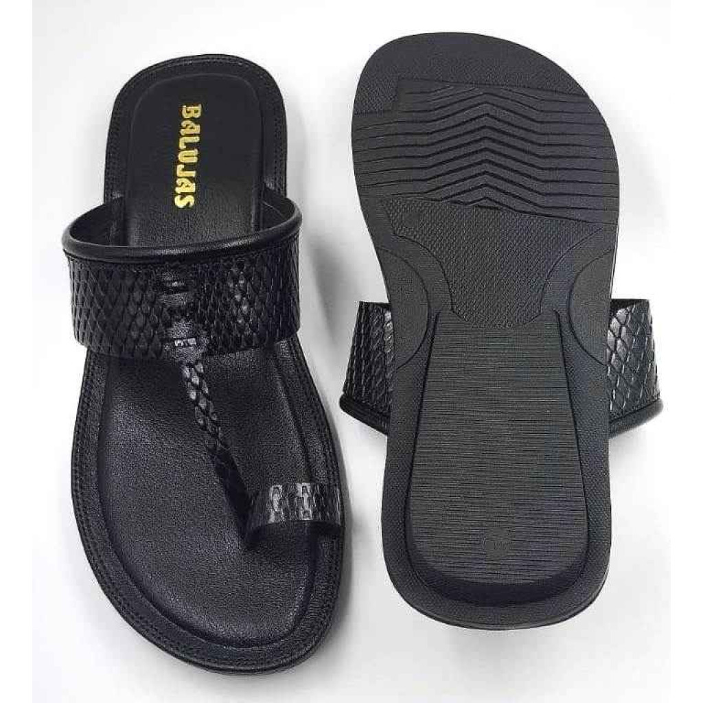 713: Black Leather Toe-Ring Kolhapuri Slippers