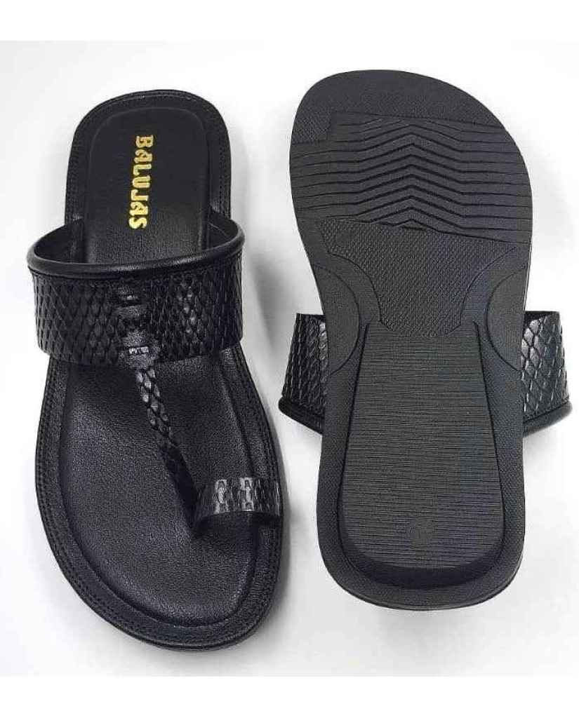 713: Black Leather Toe-Ring Kolhapuri Slippers