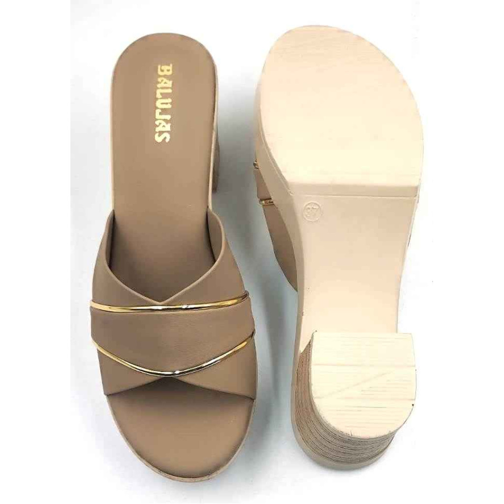 10192 : Balujas Beige Block Heel Ladies Slipper