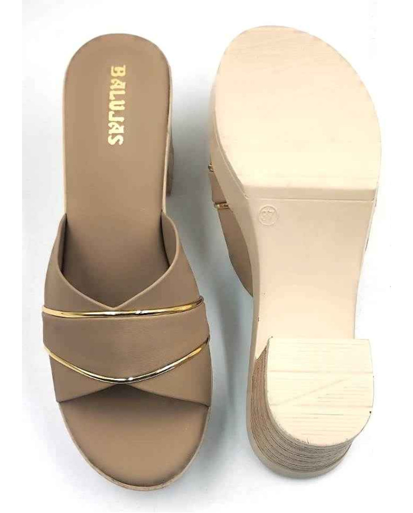 10192 : Balujas Beige Block Heel Ladies Slipper