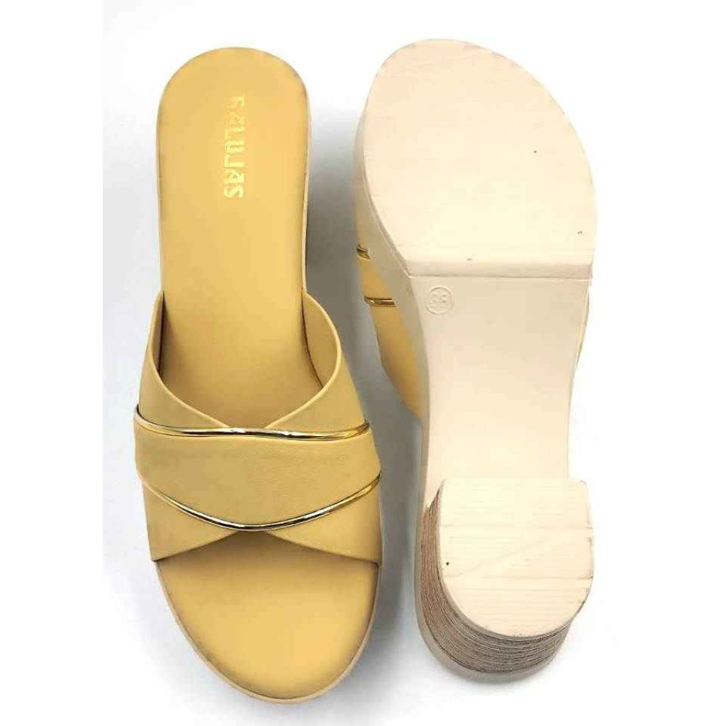 10192 : Balujas Yellow Block Heel Ladies Slipper