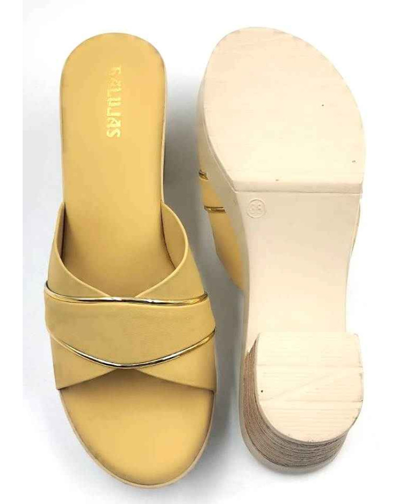 10192 : Balujas Yellow Block Heel Ladies Slipper