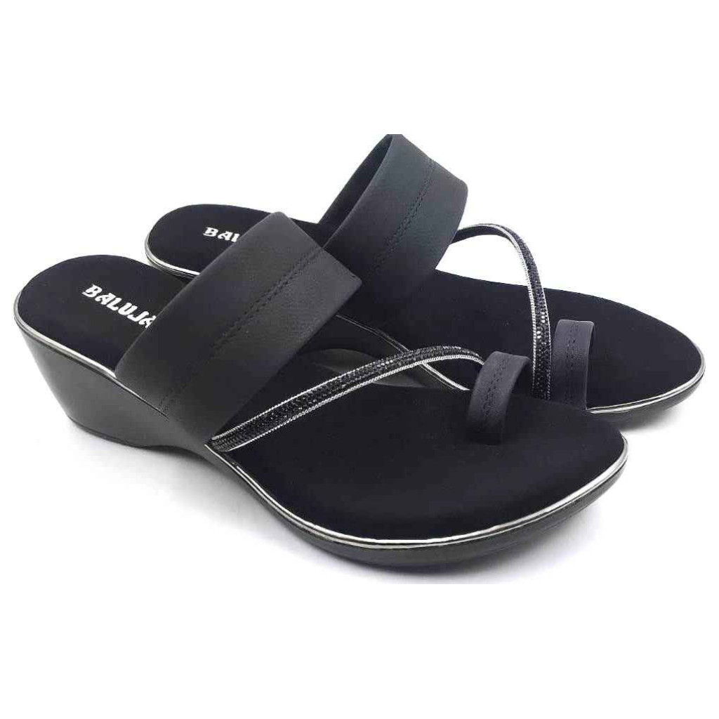 10382 : Balujas Black Wedge Heel Ladies Slipper