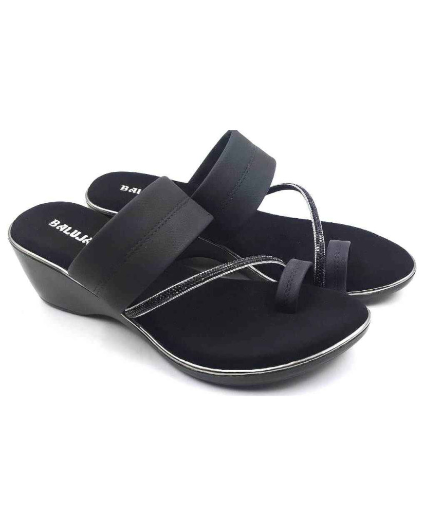 10382 : Balujas Black Wedge Heel Ladies Slipper