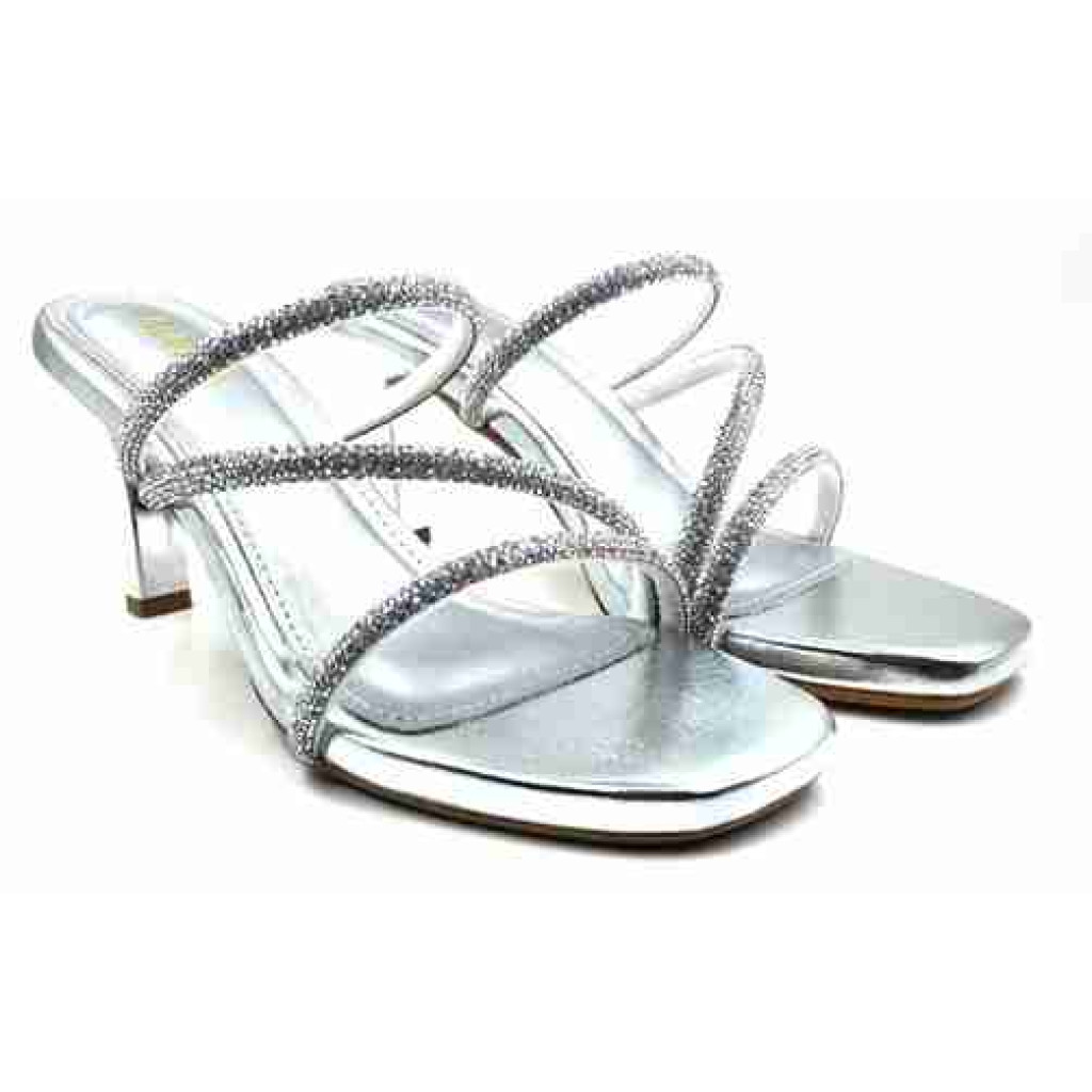 R-304: Balujas Silver Heel Crystal Strap Sandals