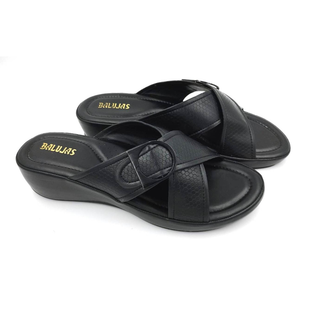 F45-5756: Balujas Black Wedge Heel Ladies Slipper