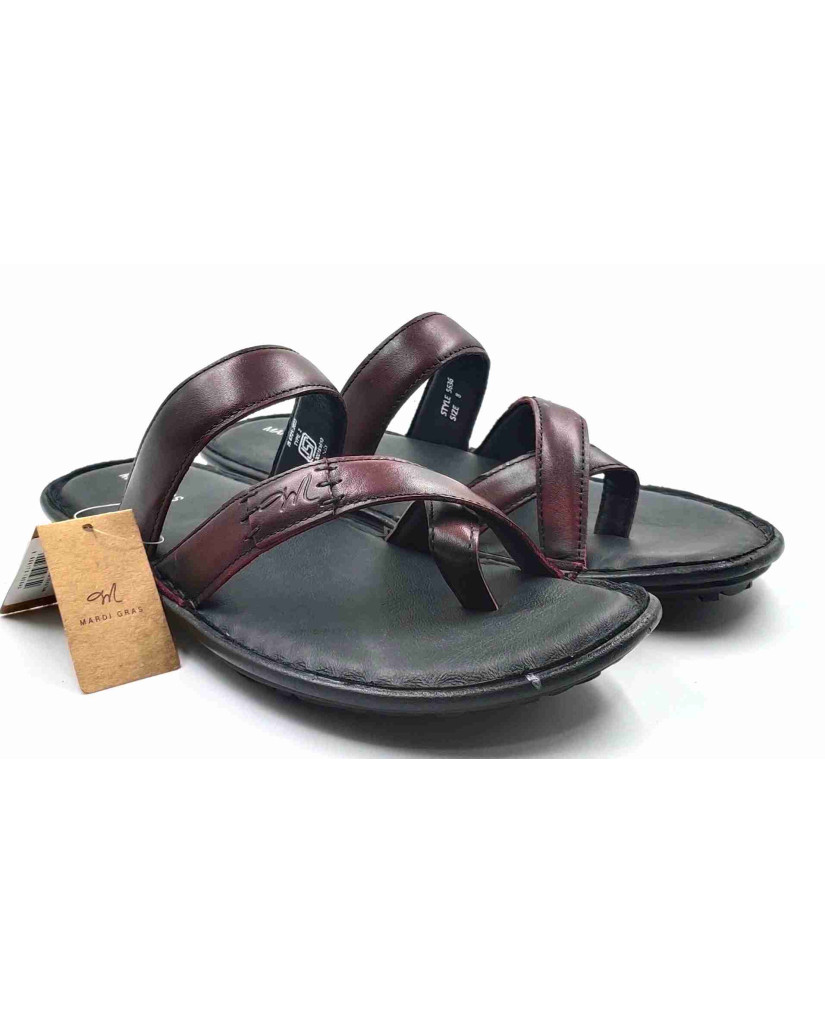5636: Mardi Gras Men Burgundy Nova Toe Open Leather Chappals