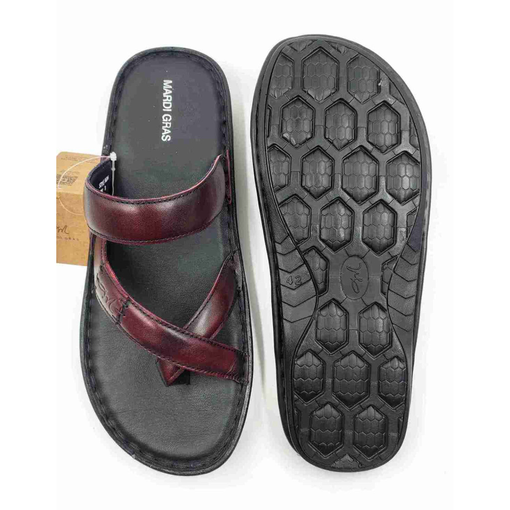 5636: Mardi Gras Men Burgundy Nova Toe Open Leather Chappals