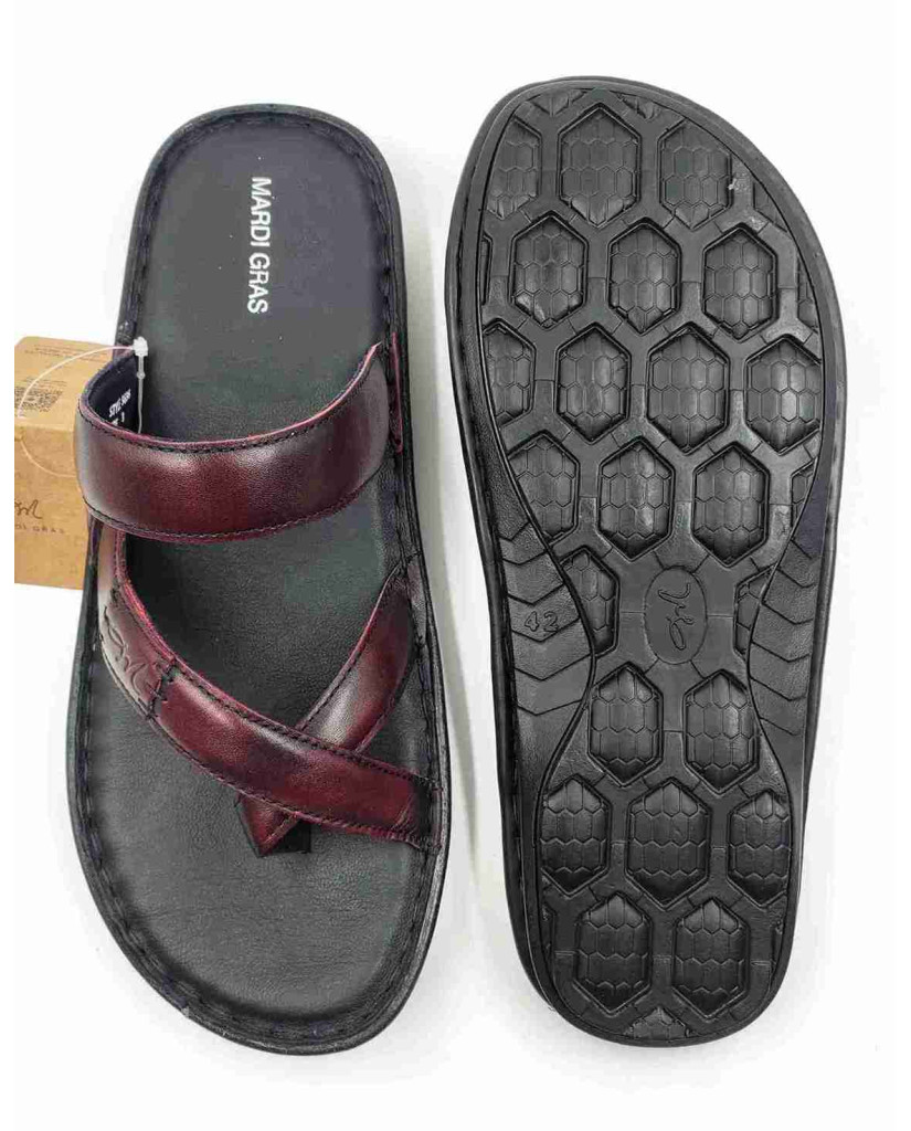 5636: Mardi Gras Men Burgundy Nova Toe Open Leather Chappals