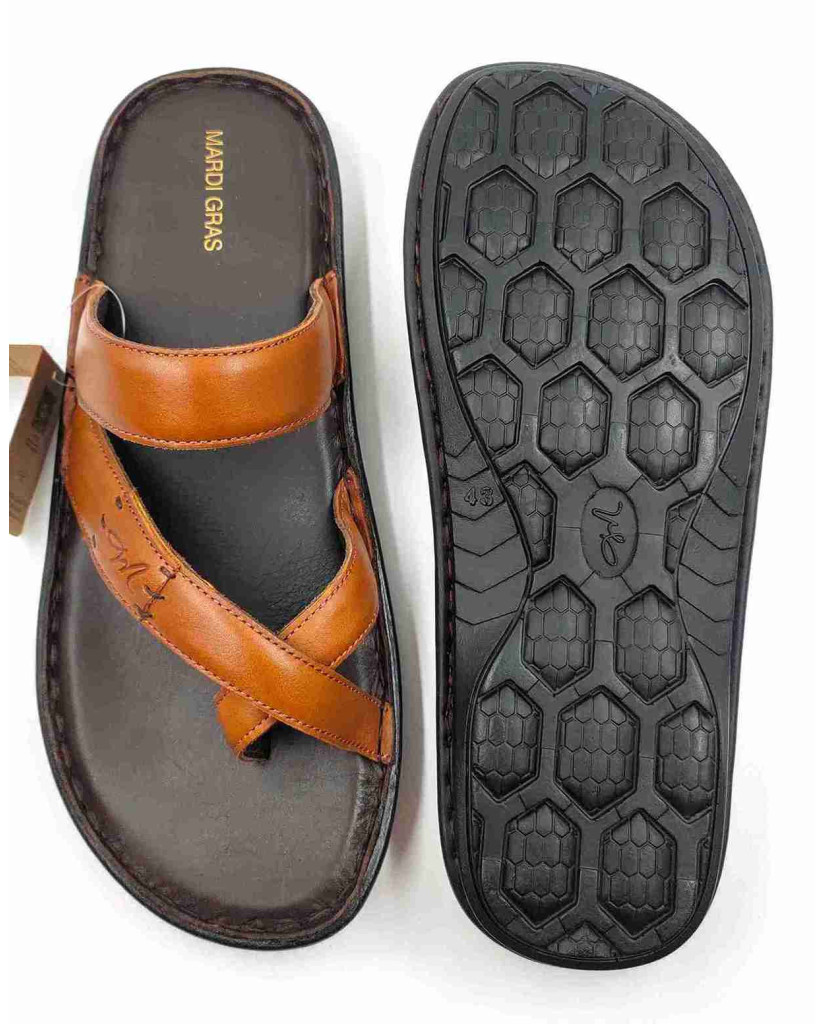 5638: Mardi Gras Men Tan Nova Toe Open Leather Chappals