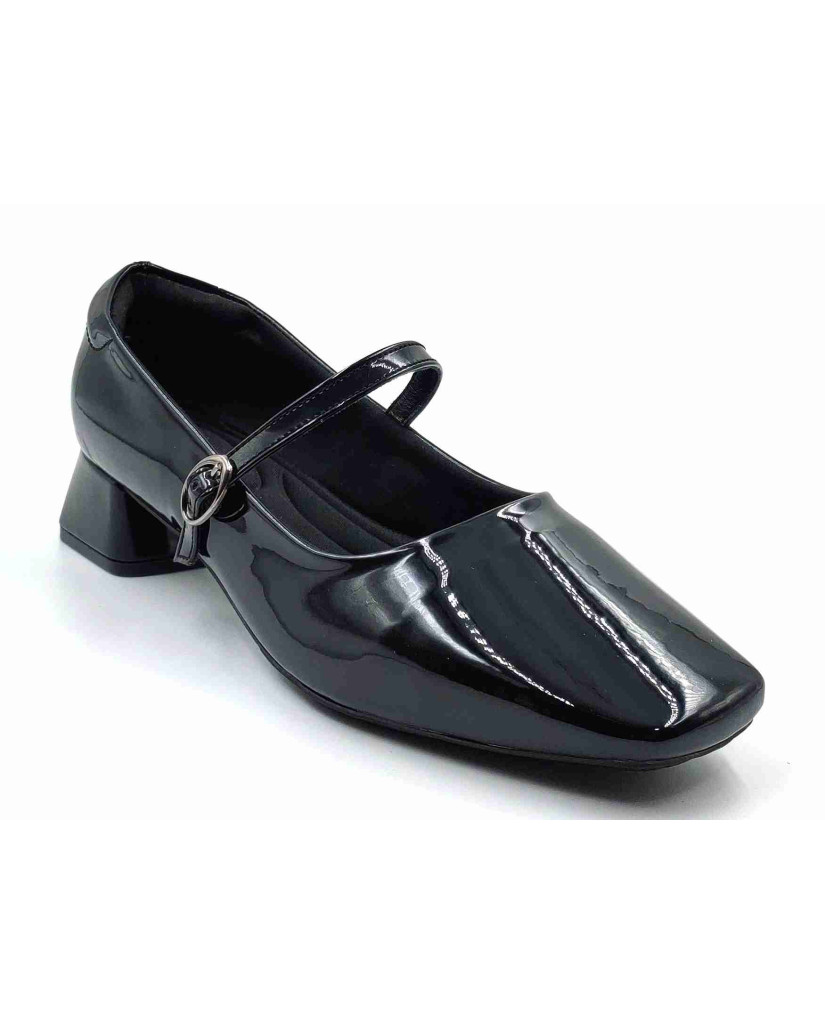 H-13 STRAP Balujas Women Black Block Heel Belly