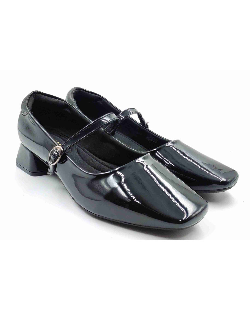 H-13 STRAP Balujas Women Black Block Heel Belly